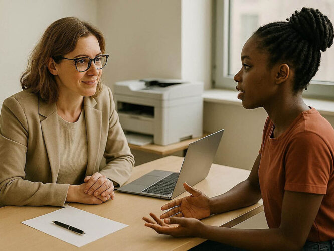Eine Beratungssituation, zwei Frauen sprechen miteinander.